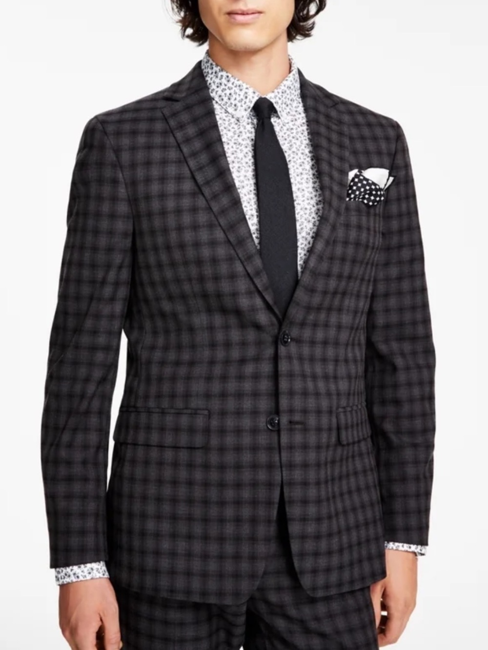 Blazer 42S Bar III Slim Fit Check Plaid Stretch Suit Jacket grey Brown Classic.